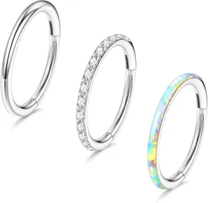 3pcs Nose Rings Hoops - 316L Surgical Steel Hinged Nose Hoops 16G/18G/20G CZ Clicker Septum Nose Ring Lip Helix Cartilage Hoop Earring Daith Rook Conch Body Piercing Jewelry for Women Men 8mm 10mm