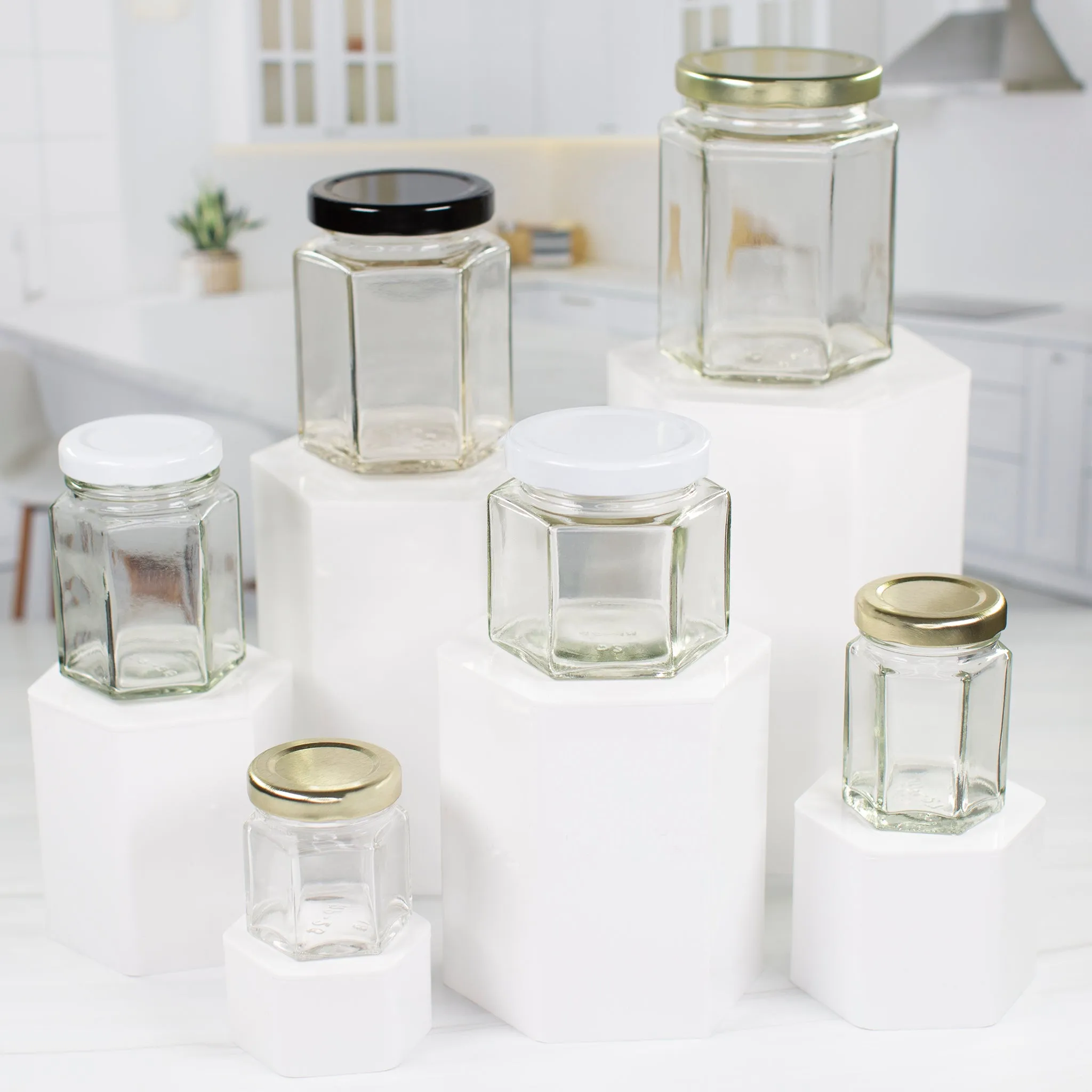 45 ml Hexagon Glass Jar with 43mm Gold Metal Lug Lid