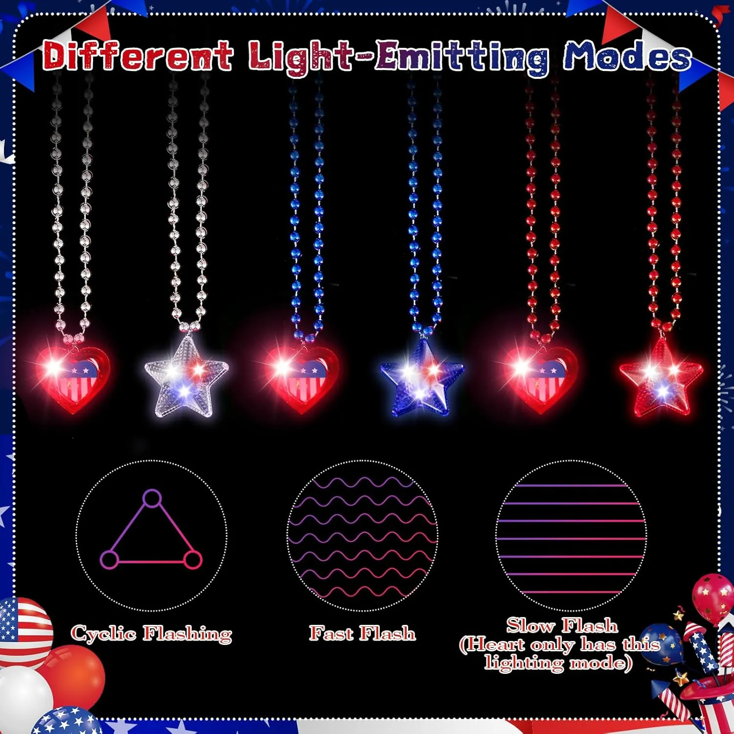 4th of July Party Favor LED Light Up Necklaces for National Day Decorations 6Pcs Independence Day Necklaces July 4th LED Red White Blue Patriotic Heart Star Beads Necklaces for Adult Kids Memorial Day