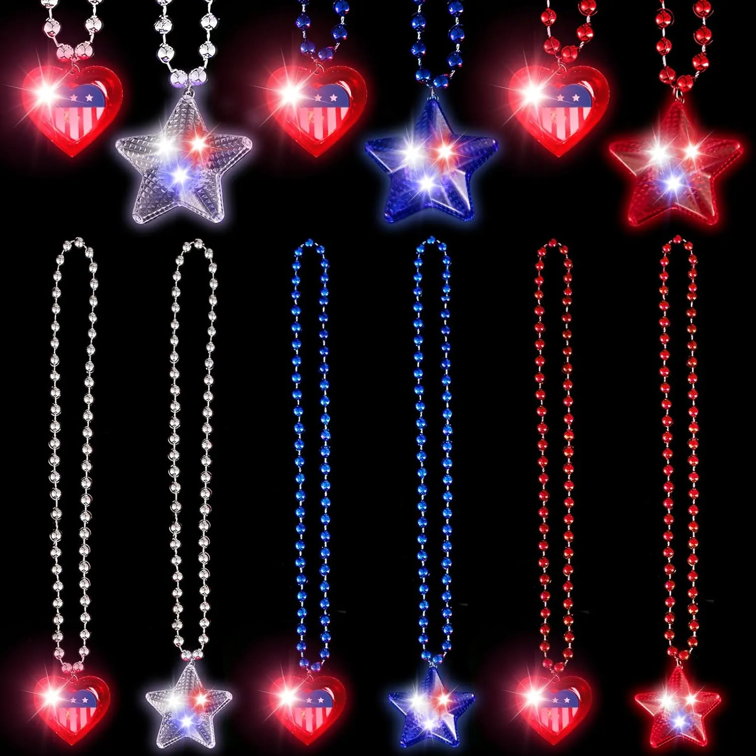 4th of July Party Favor LED Light Up Necklaces for National Day Decorations 6Pcs Independence Day Necklaces July 4th LED Red White Blue Patriotic Heart Star Beads Necklaces for Adult Kids Memorial Day