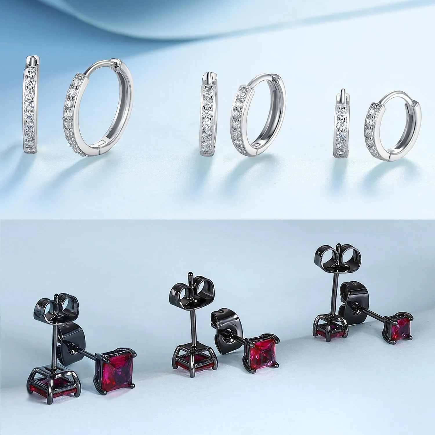 6 Pairs Multipack Earrings Sets For Women Men, 8/10/12mm CZ Small Huggie 14K White Gold Plated Hoop Earrings, Tiny 3/4/5mm Round Crystal Studs 18K Black Gold Plated Multiple Ear Piercing Jewelry For Cartilage Hypoallergenic