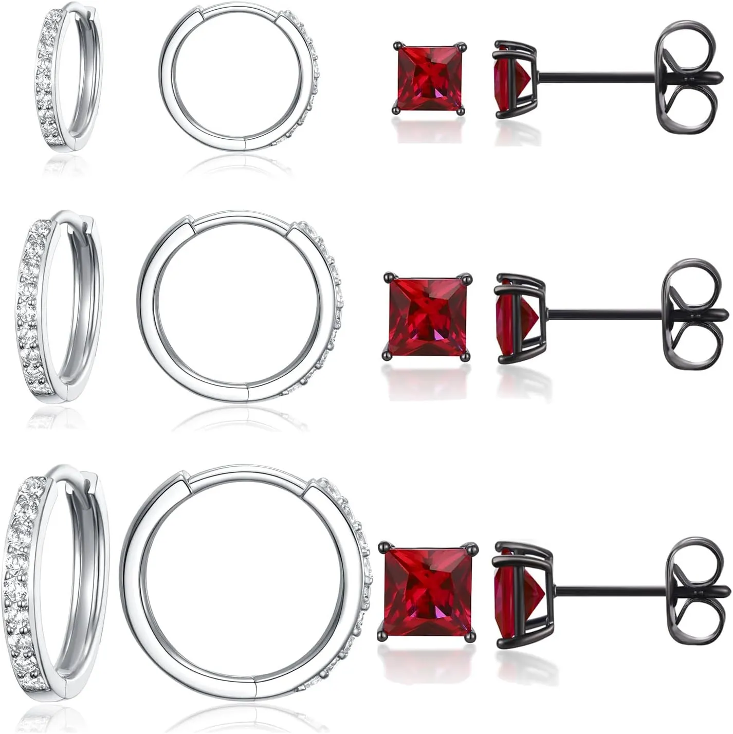 6 Pairs Multipack Earrings Sets For Women Men, 8/10/12mm CZ Small Huggie 14K White Gold Plated Hoop Earrings, Tiny 3/4/5mm Round Crystal Studs 18K Black Gold Plated Multiple Ear Piercing Jewelry For Cartilage Hypoallergenic