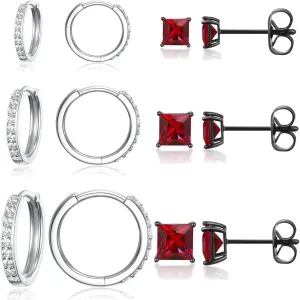 6 Pairs Multipack Earrings Sets For Women Men, 8/10/12mm CZ Small Huggie 14K White Gold Plated Hoop Earrings, Tiny 3/4/5mm Round Crystal Studs 18K Black Gold Plated Multiple Ear Piercing Jewelry For Cartilage Hypoallergenic