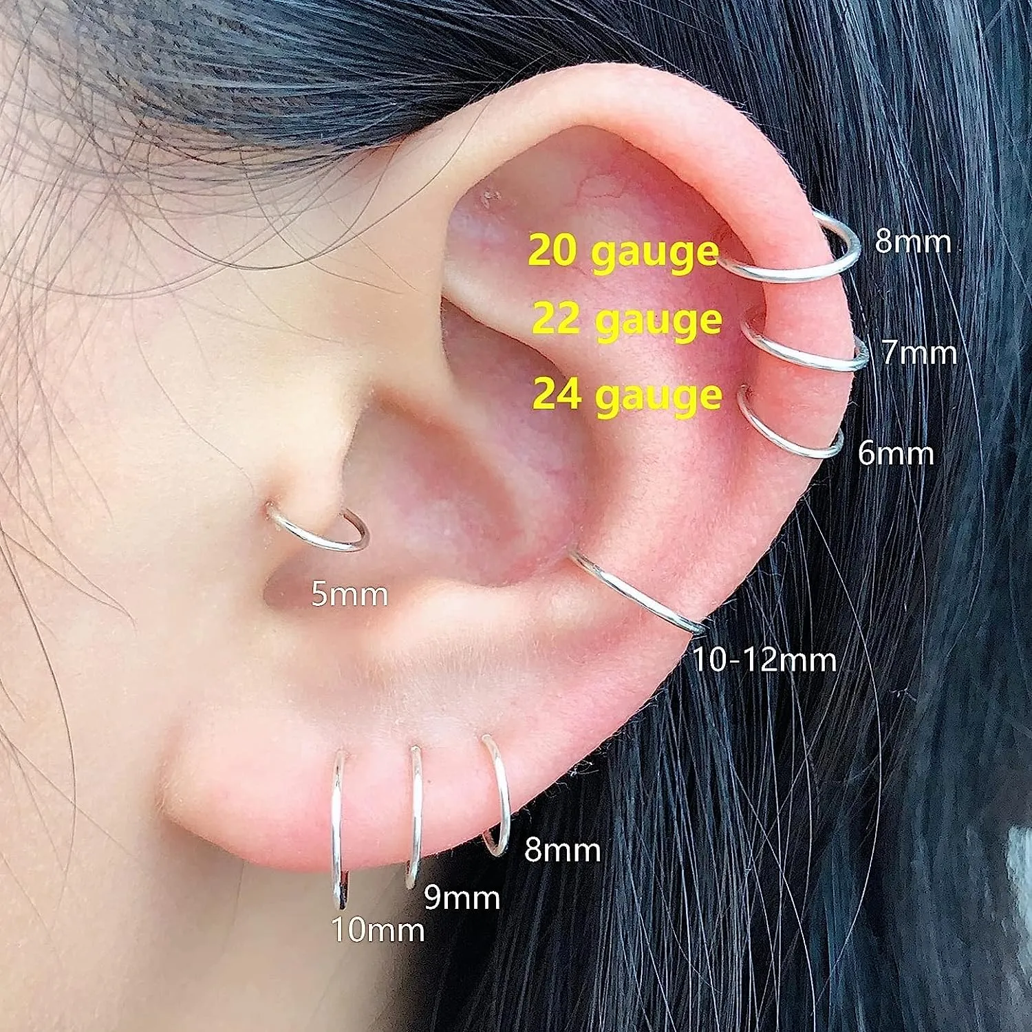 6mm Ultra Thin Tiny Hoops for Cartilage Piercing, Tragus Hoops, Helix Hoops,Sterling Silver Nose Ring Hoop 24g