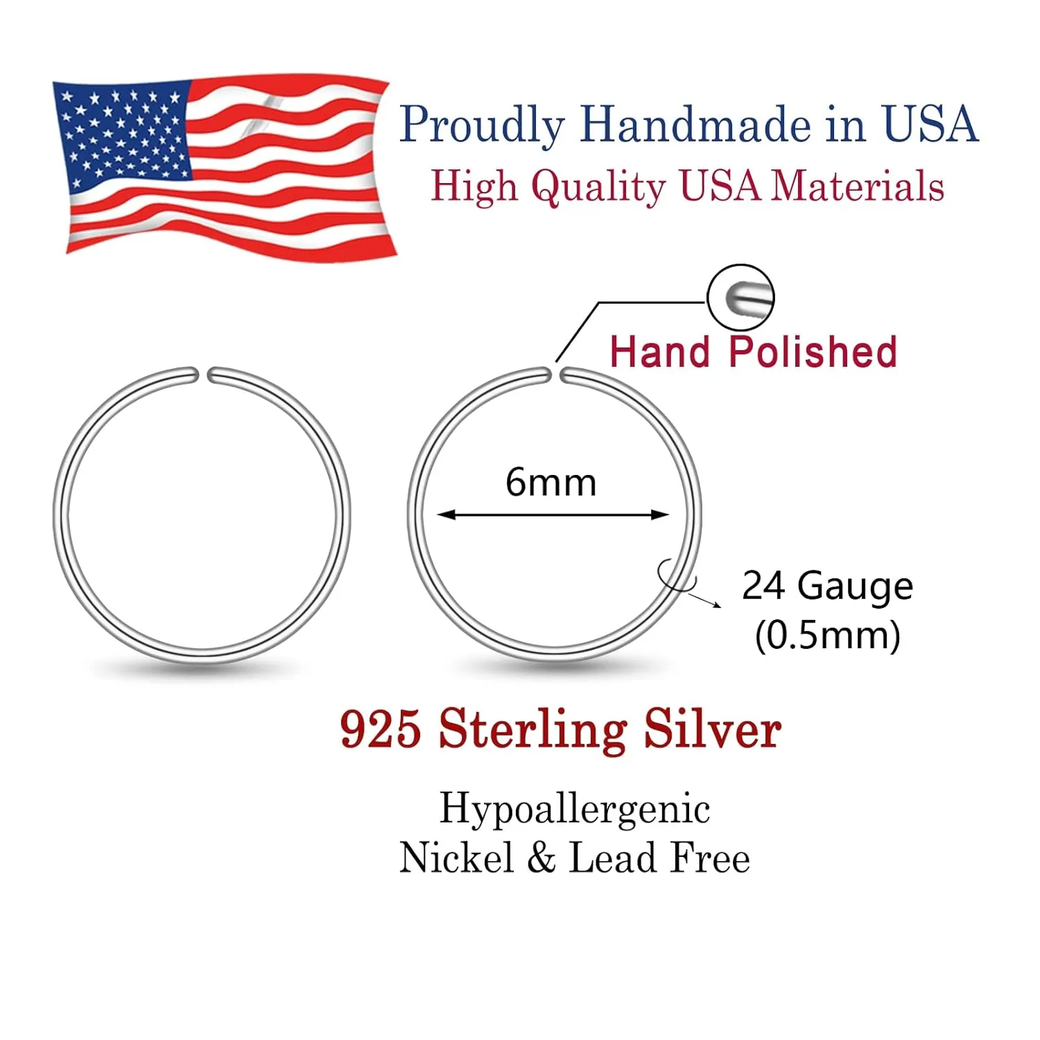 6mm Ultra Thin Tiny Hoops for Cartilage Piercing, Tragus Hoops, Helix Hoops,Sterling Silver Nose Ring Hoop 24g