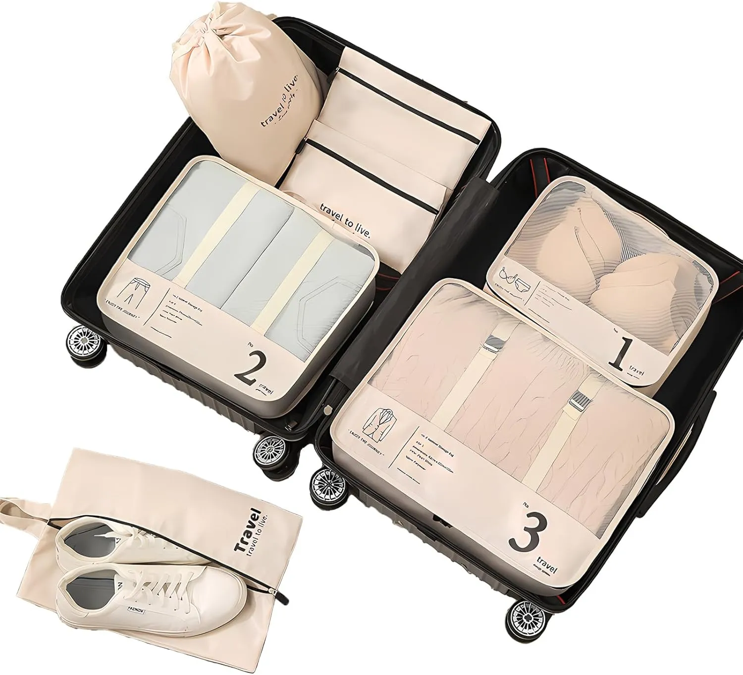 7 Set Packing Cubes, Luggage Packing Organizer for Travel, Travel Cubes for Carry on Suitcases, Suitcase Packing Bags for Travel Accessories(Beige)