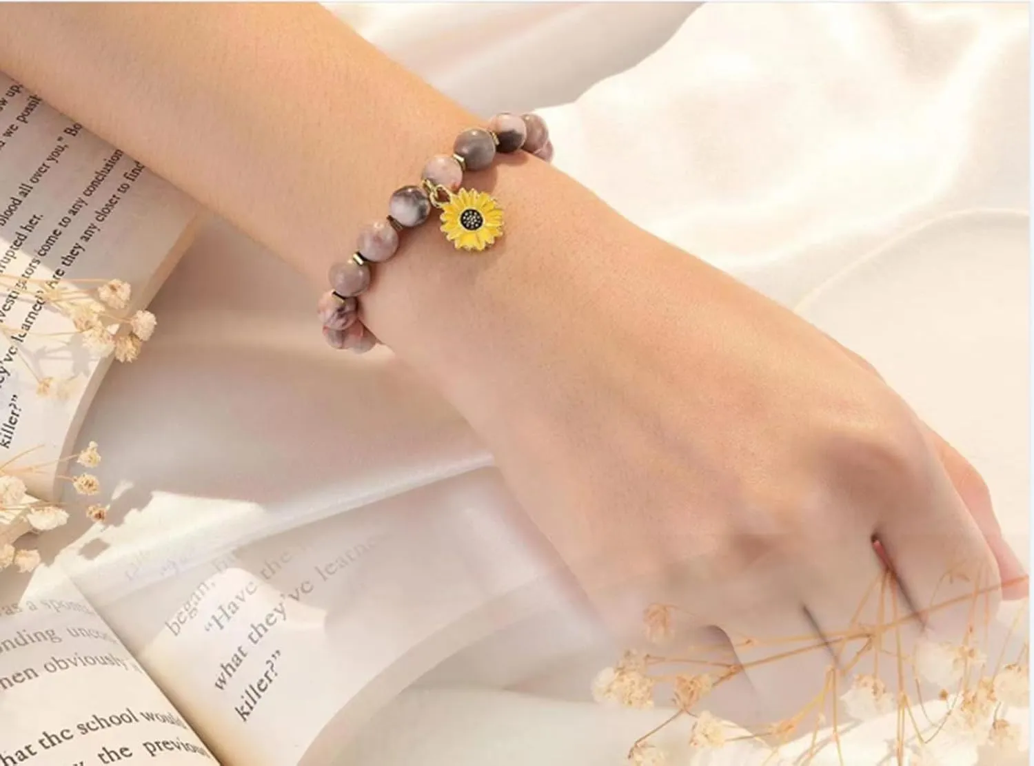 72ore to My Mom/Sister Bracelet Natural Stone Bracelet Pink Crystal Bracelet Heart Charm Bracelet Sunflower Charm Bracelet Birthday Christian Gift