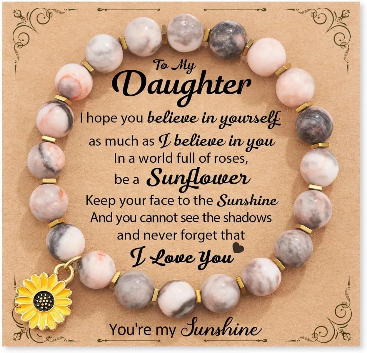 72ore to My Mom/Sister Bracelet Natural Stone Bracelet Pink Crystal Bracelet Heart Charm Bracelet Sunflower Charm Bracelet Birthday Christian Gift