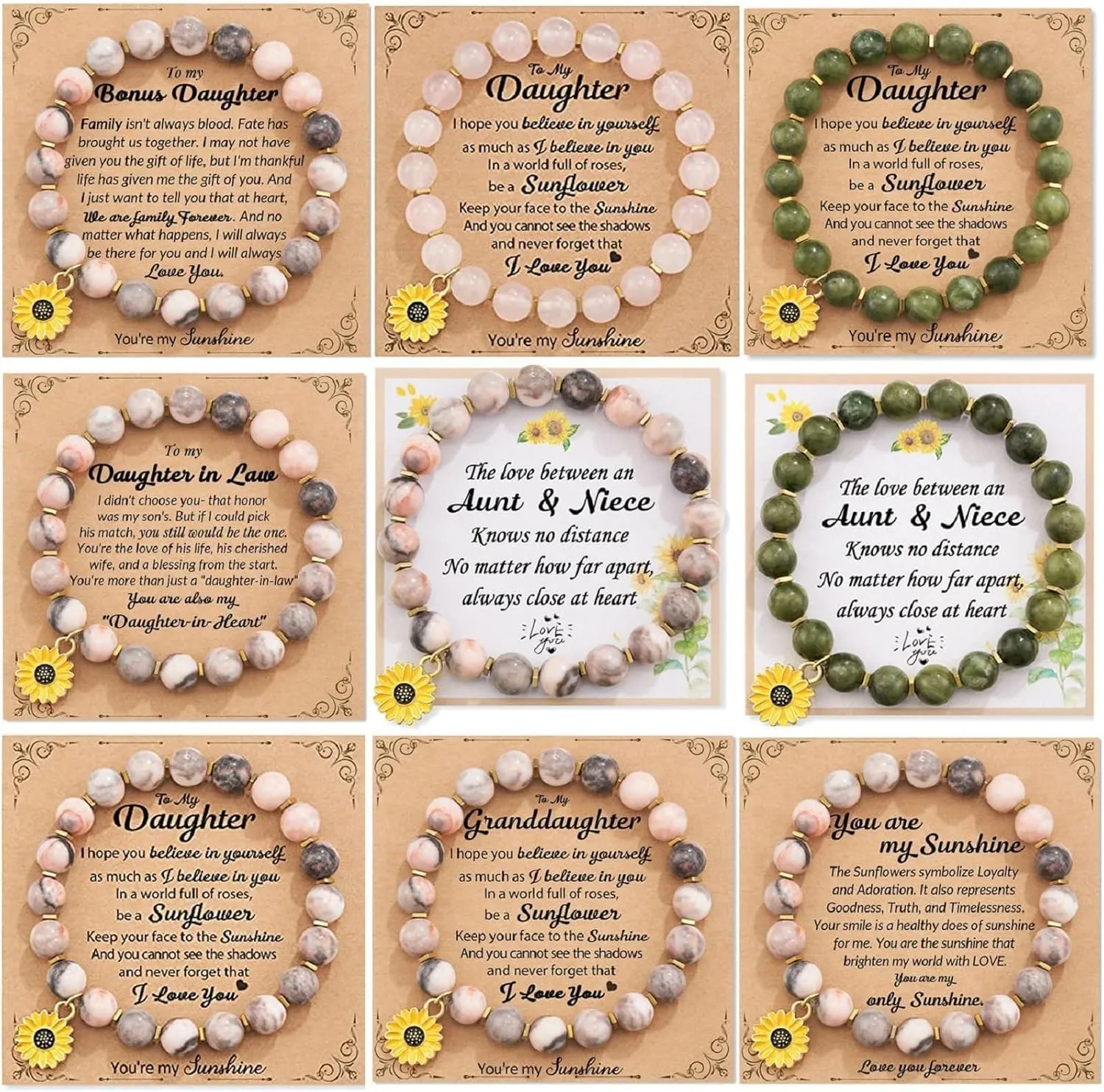 72ore to My Mom/Sister Bracelet Natural Stone Bracelet Pink Crystal Bracelet Heart Charm Bracelet Sunflower Charm Bracelet Birthday Christian Gift