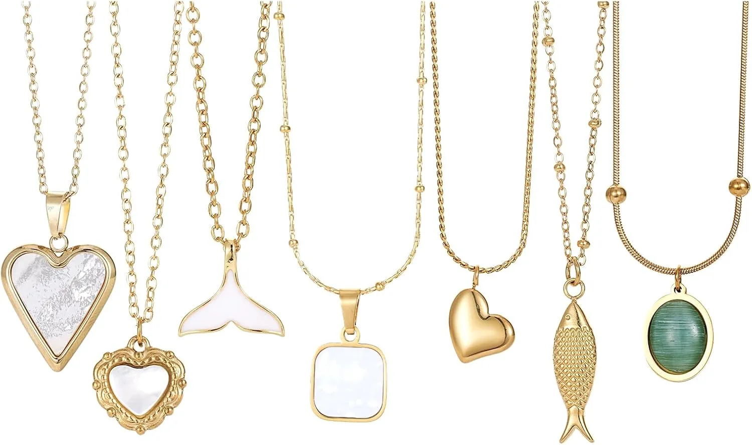 7Pcs/Set Stainless Steel Layered Heart Necklace for Women, Gold Plated Chains Necklace Set Charms Fish Tail Pendant Necklace Anniversaries Birthdays Jewelry