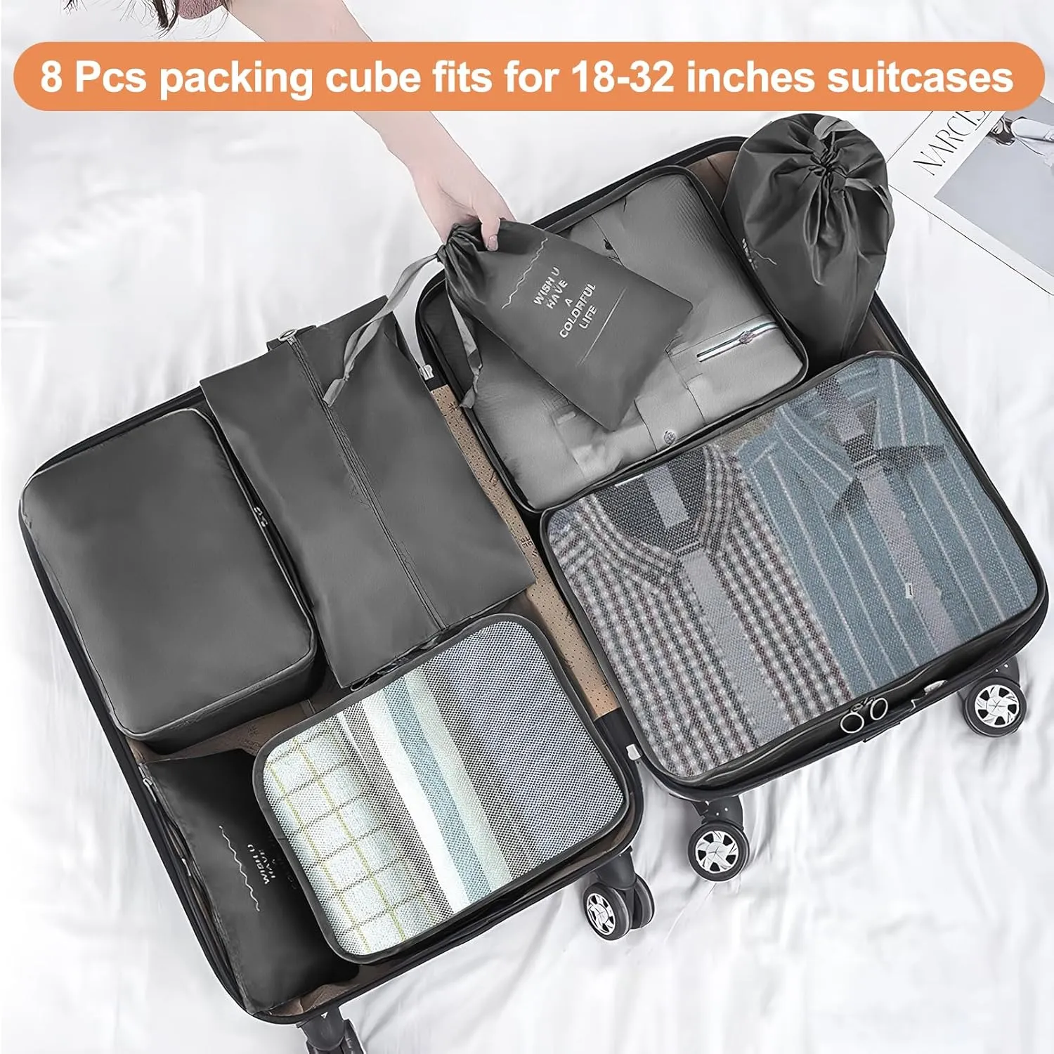 8 Set Packing Cubes for Suitcases, Compression Luggage Organizer for Travel Essentials, Large Mesh Packing Cubes