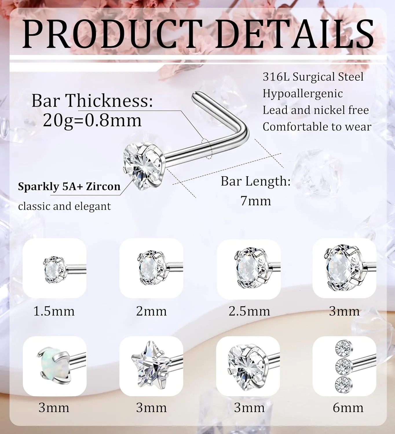 8Pcs Nose Studs L Shaped 20g Nose Rings Studs Hypoallergenic 316L Surgical Steel Nose Stud Cz Heart Star Opal Stainless Steel Nose Piercing Jewelry for Women Men Silvery