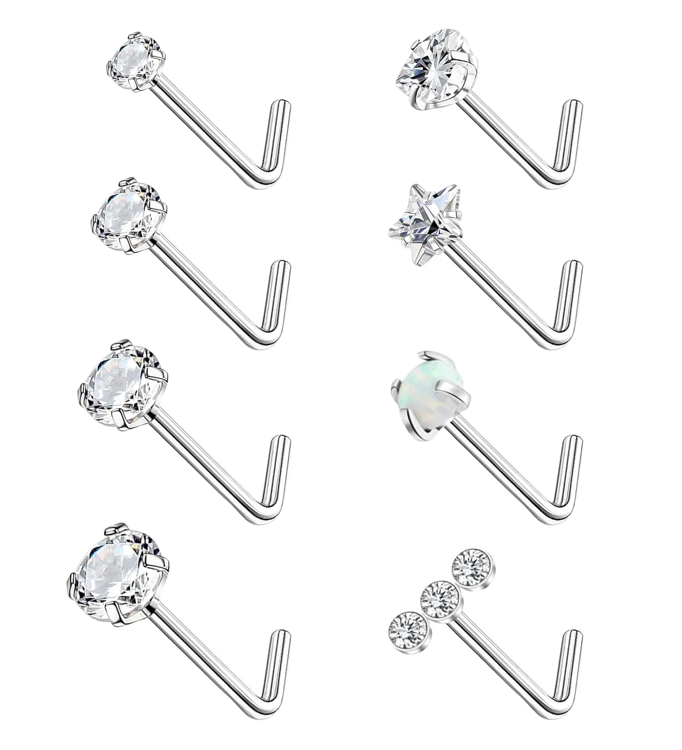 8Pcs Nose Studs L Shaped 20g Nose Rings Studs Hypoallergenic 316L Surgical Steel Nose Stud Cz Heart Star Opal Stainless Steel Nose Piercing Jewelry for Women Men Silvery