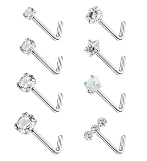 8Pcs Nose Studs L Shaped 20g Nose Rings Studs Hypoallergenic 316L Surgical Steel Nose Stud Cz Heart Star Opal Stainless Steel Nose Piercing Jewelry for Women Men Silvery