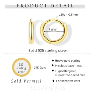 925 Sterling Silver Small Gold Huggie Hoop Earrings for Women Men, 14K Gold Plated Cartilage Hoop Earring, Helix, Tragus, Earlobe Tiny Hoops Lightweight Hypoallergenic Earrings Cuff (1 Pair - 7mm)