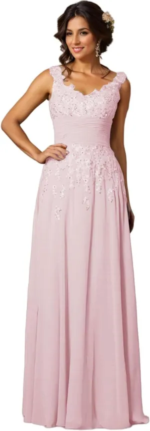 A-Line/Princess Elegant Mother of The Bride Dress Luxury Formal Evening Dress Chiffon Floor-Length Scoop Sleeveless