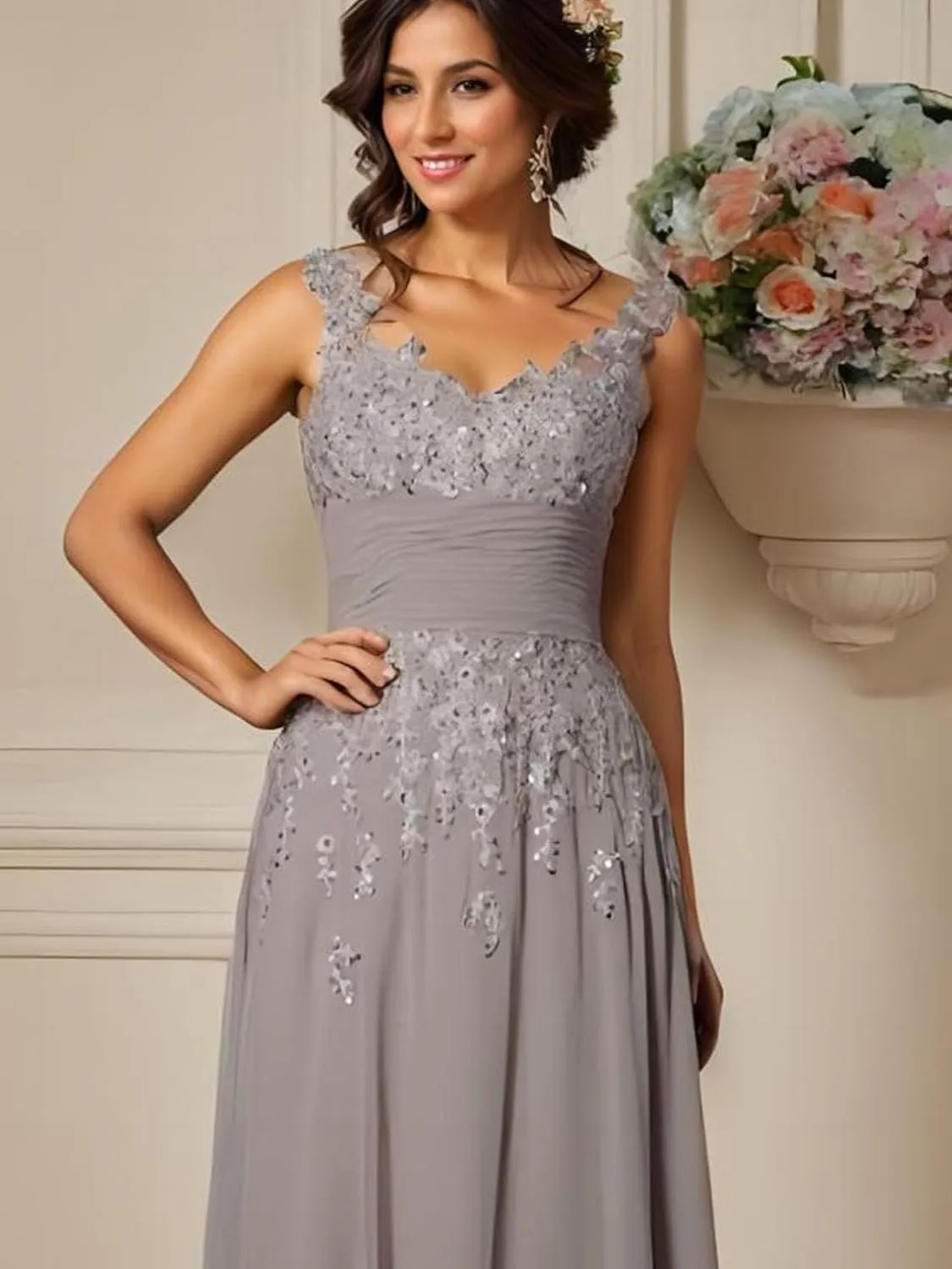 A-Line/Princess Elegant Mother of The Bride Dress Luxury Formal Evening Dress Chiffon Floor-Length Scoop Sleeveless
