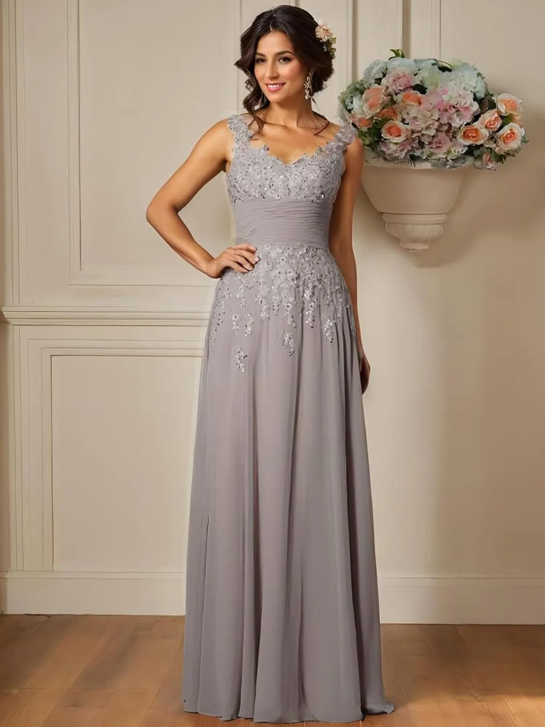A-Line/Princess Elegant Mother of The Bride Dress Luxury Formal Evening Dress Chiffon Floor-Length Scoop Sleeveless
