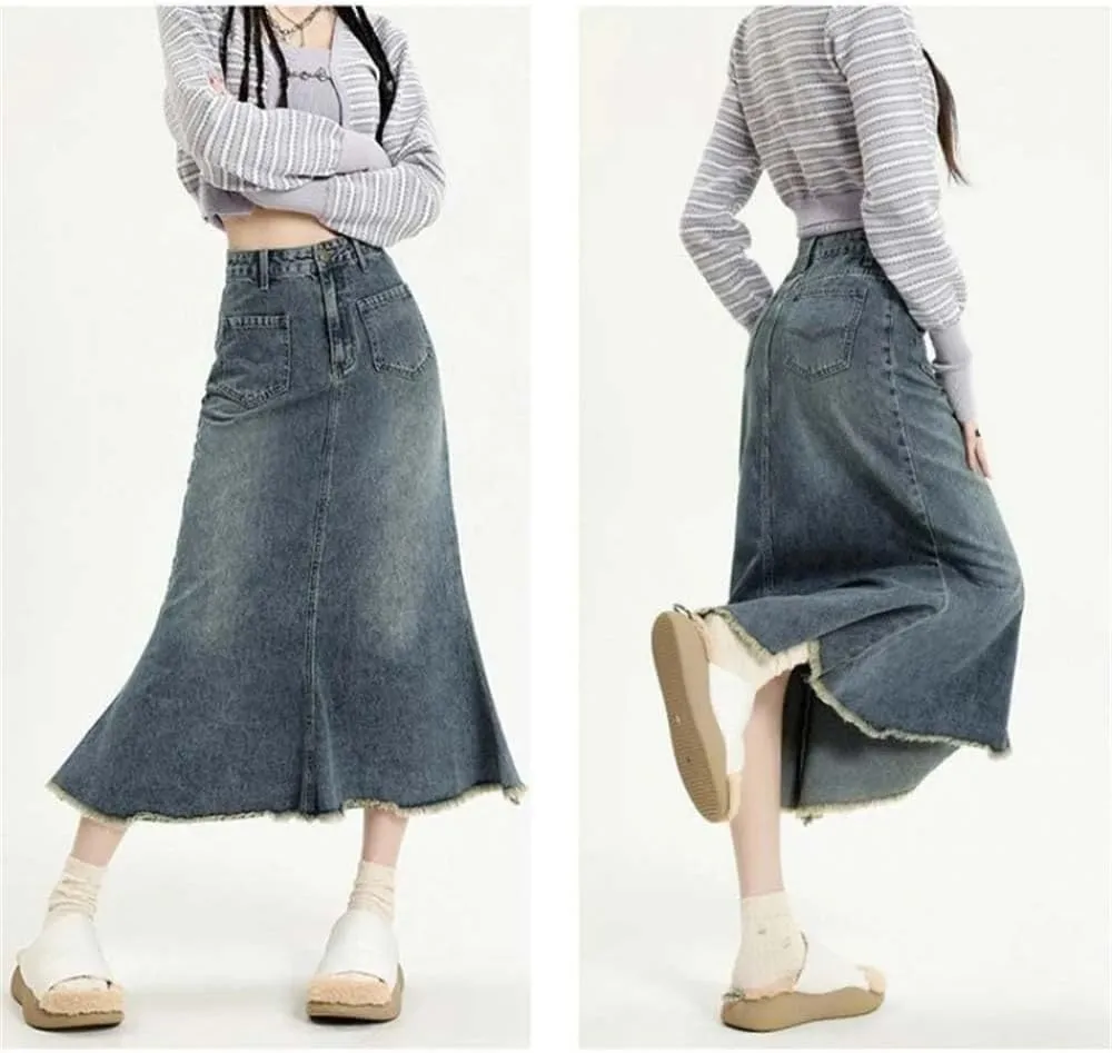 Adhdyuud Women High Waisted Fishtail Long Jean Skirts Casual Mid Length A-Line Denim Skirt
