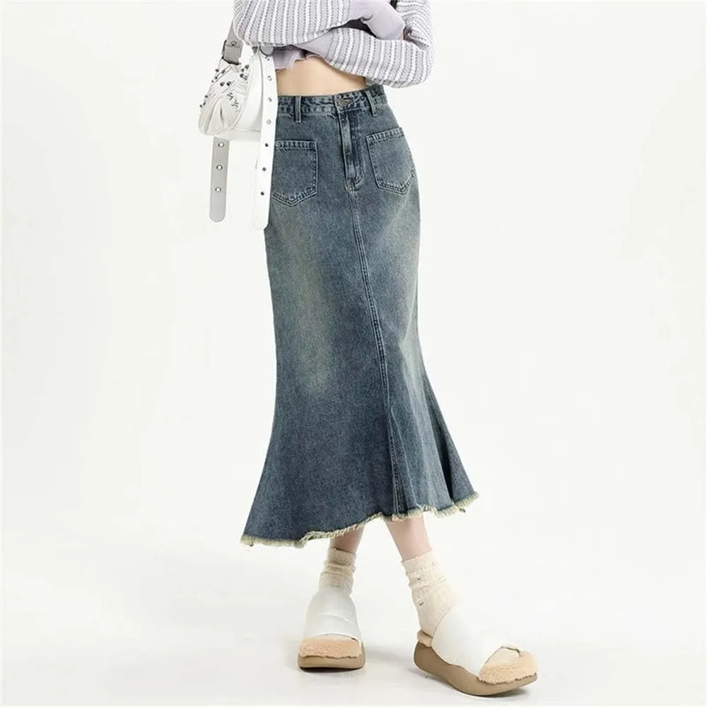 Adhdyuud Women High Waisted Fishtail Long Jean Skirts Casual Mid Length A-Line Denim Skirt