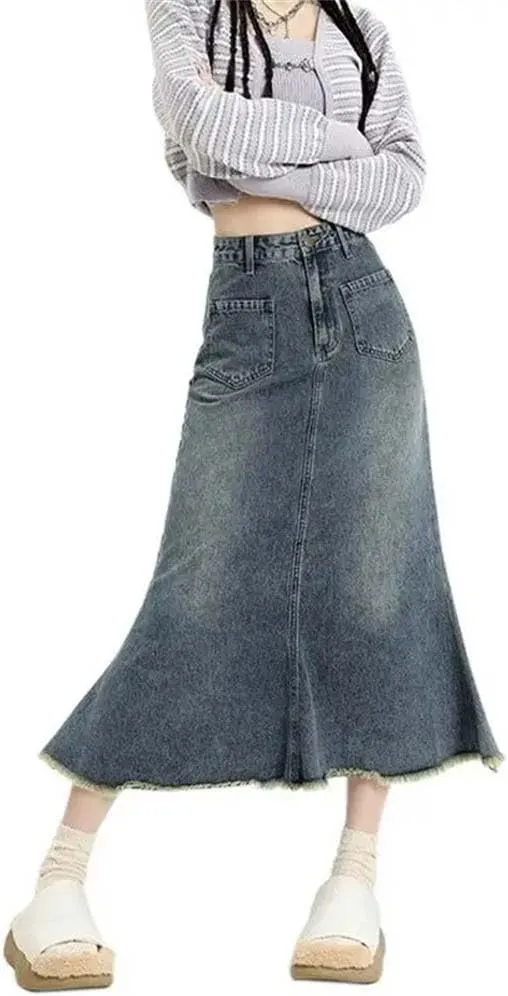 Adhdyuud Women High Waisted Fishtail Long Jean Skirts Casual Mid Length A-Line Denim Skirt