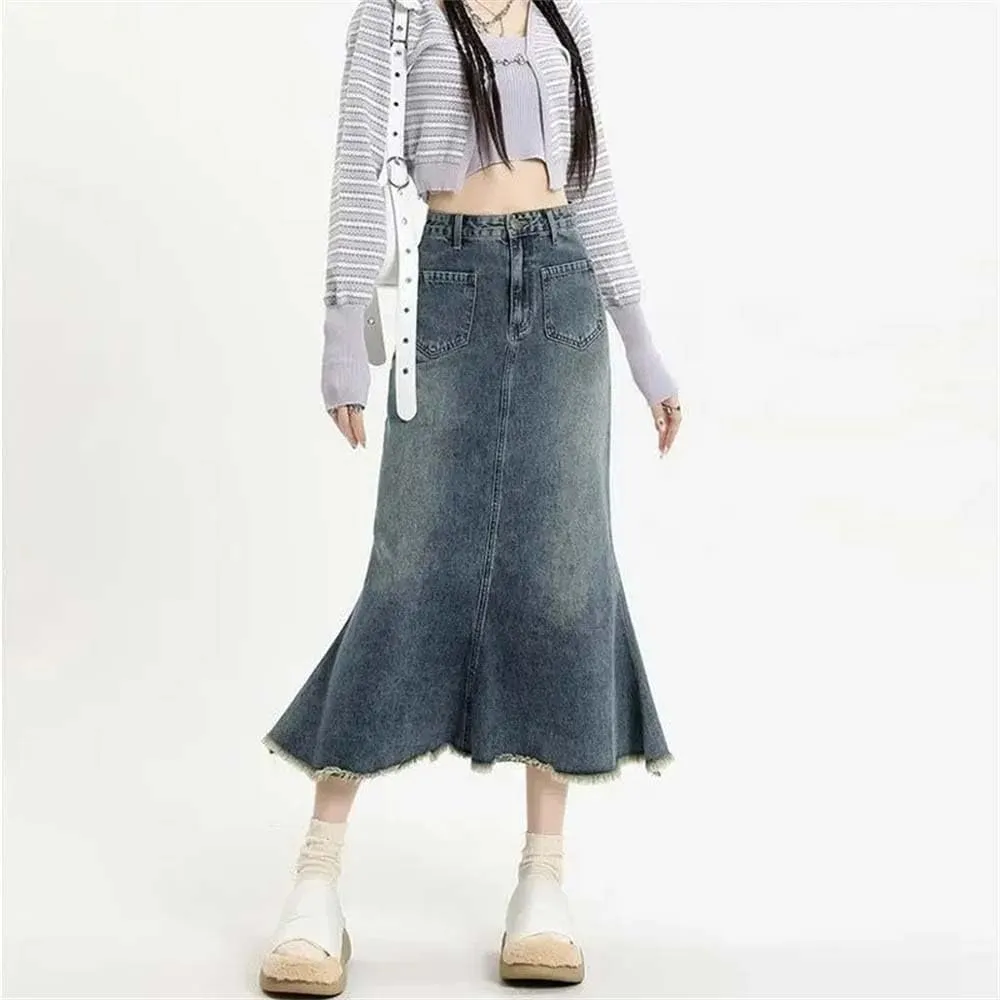 Adhdyuud Women High Waisted Fishtail Long Jean Skirts Casual Mid Length A-Line Denim Skirt