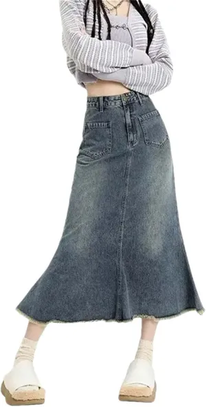 Adhdyuud Women High Waisted Fishtail Long Jean Skirts Casual Mid Length A-Line Denim Skirt