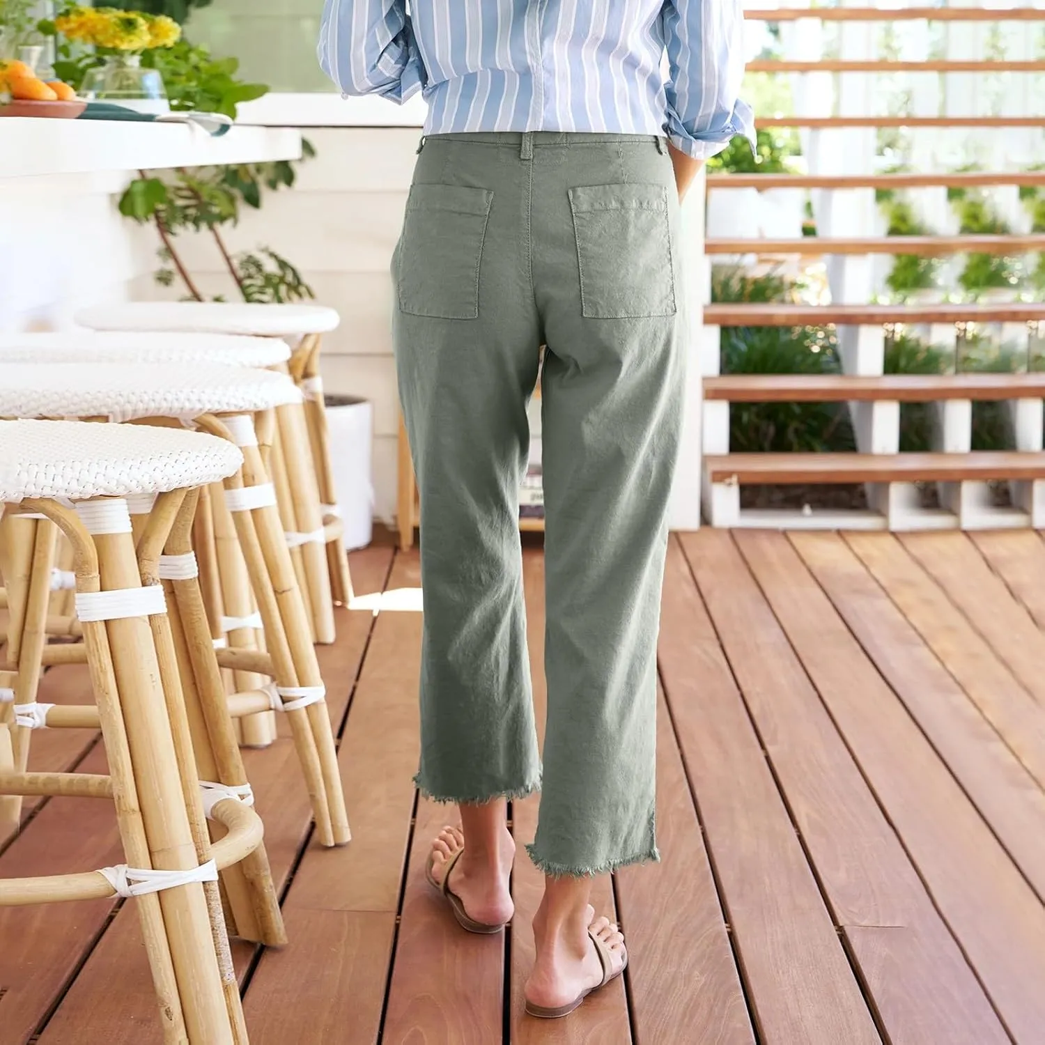 ADHOWBEW Linen Pants Women Casual Flowy Work Plus Size Stretch Lounge Dressy Cotton Petite High Waisted Casual Pants