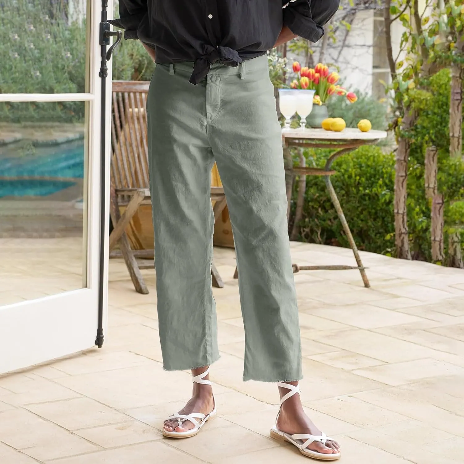 ADHOWBEW Linen Pants Women Casual Flowy Work Plus Size Stretch Lounge Dressy Cotton Petite High Waisted Casual Pants