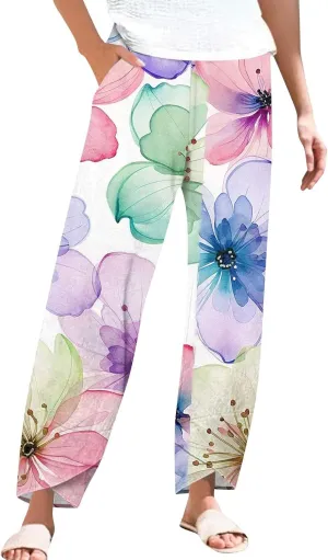 ADHOWBEW Stretchy Work Pants for Women Summer High Waisted Flowy Boho Wide Leg Loose Fit Plus Size Fashion Trousers