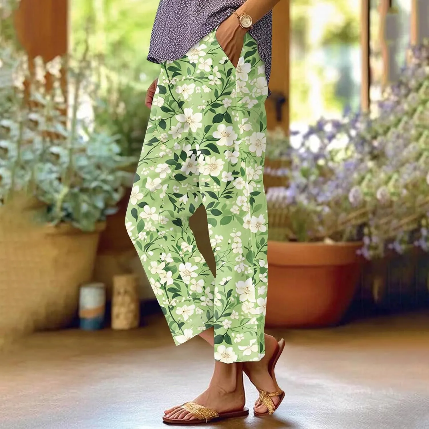 ADHOWBEW Womens Pants Casual Baggy Elastic Waist Palazzo Relaxed Fit Floral Trendy Casual Trousers