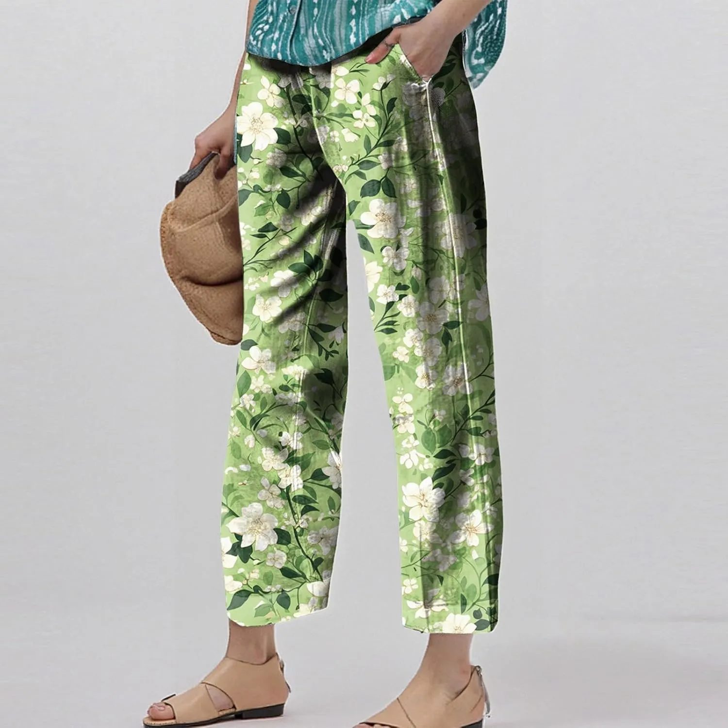 ADHOWBEW Womens Pants Casual Baggy Elastic Waist Palazzo Relaxed Fit Floral Trendy Casual Trousers