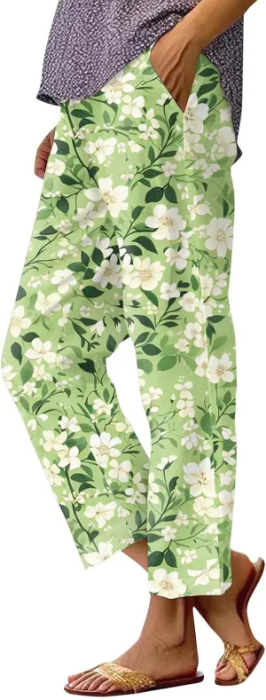 ADHOWBEW Womens Pants Casual Baggy Elastic Waist Palazzo Relaxed Fit Floral Trendy Casual Trousers