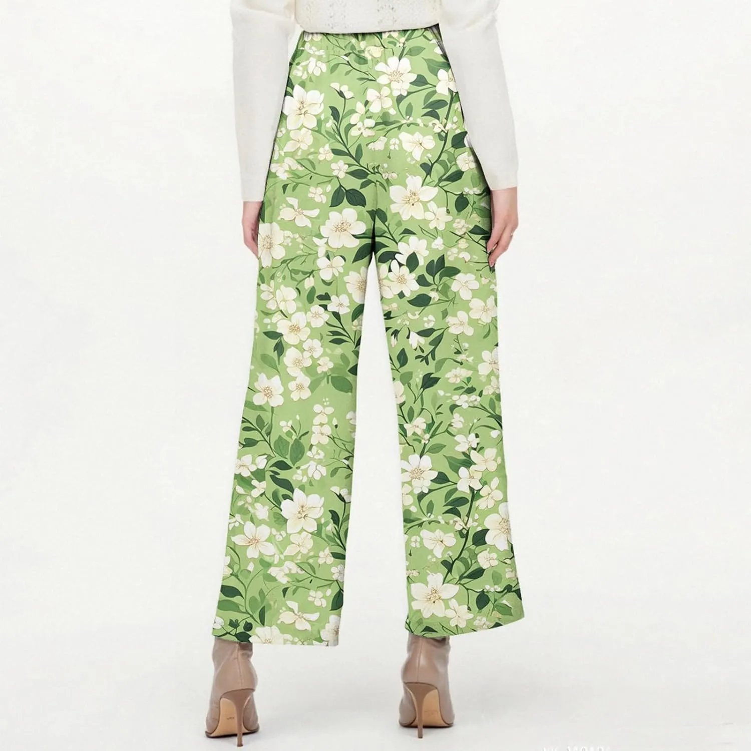 ADHOWBEW Womens Pants Casual Baggy Elastic Waist Palazzo Relaxed Fit Floral Trendy Casual Trousers