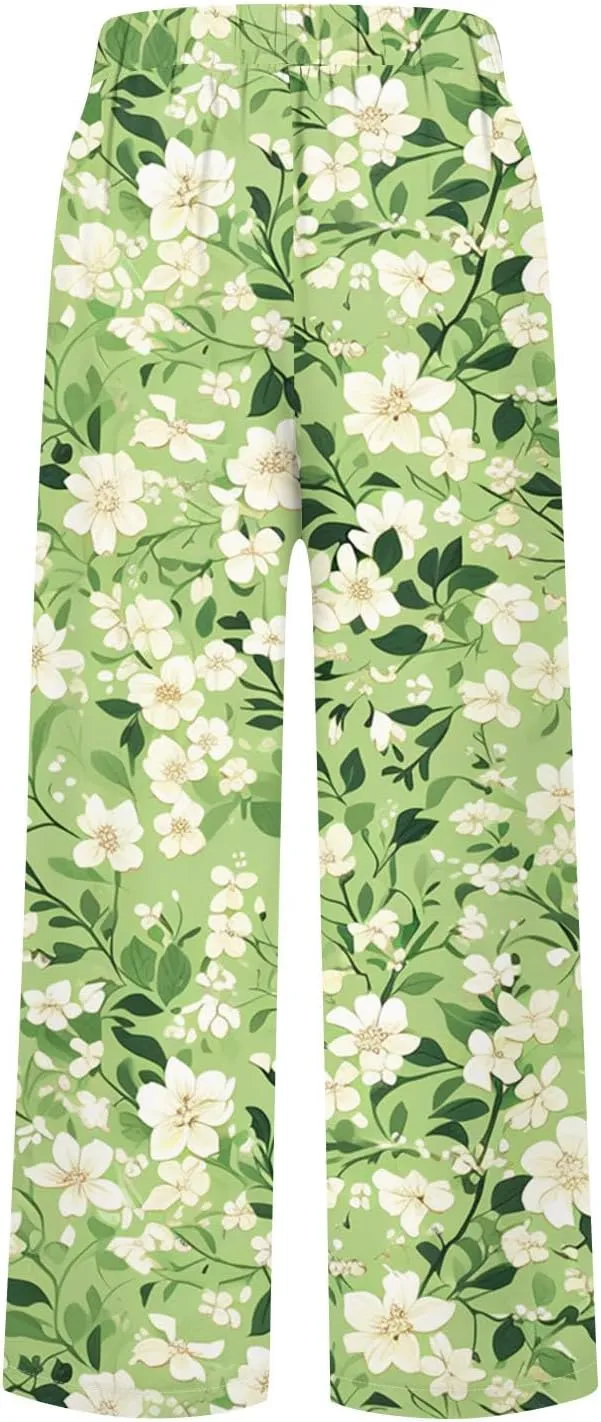 ADHOWBEW Womens Pants Casual Baggy Elastic Waist Palazzo Relaxed Fit Floral Trendy Casual Trousers
