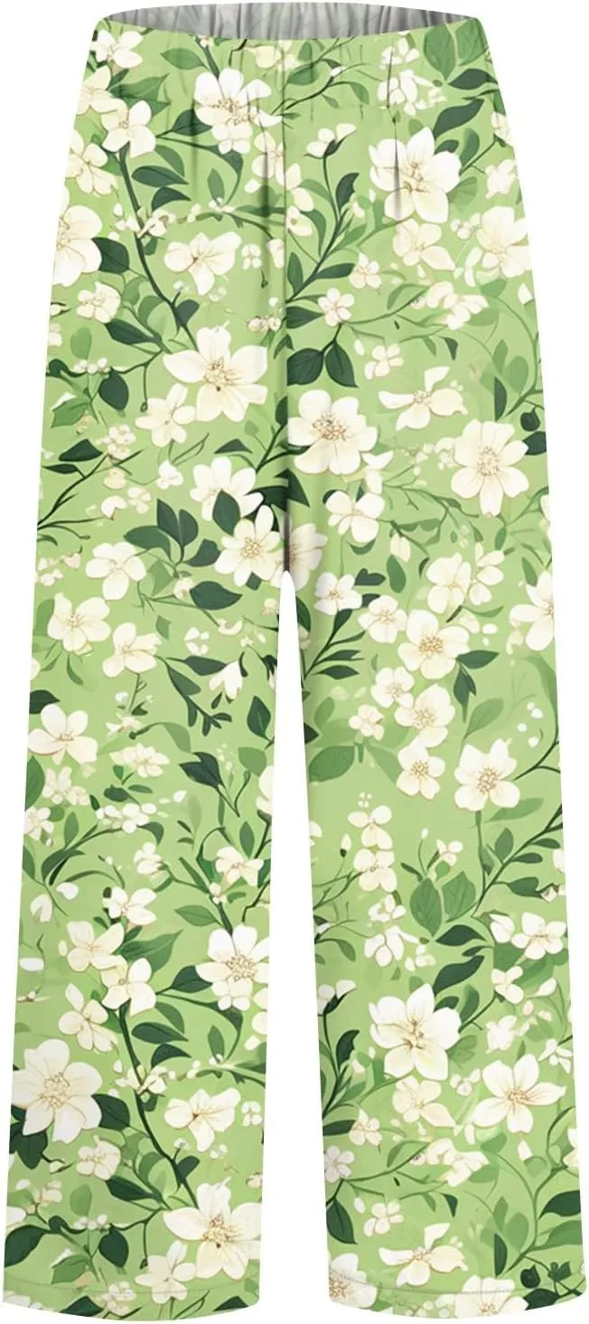 ADHOWBEW Womens Pants Casual Baggy Elastic Waist Palazzo Relaxed Fit Floral Trendy Casual Trousers