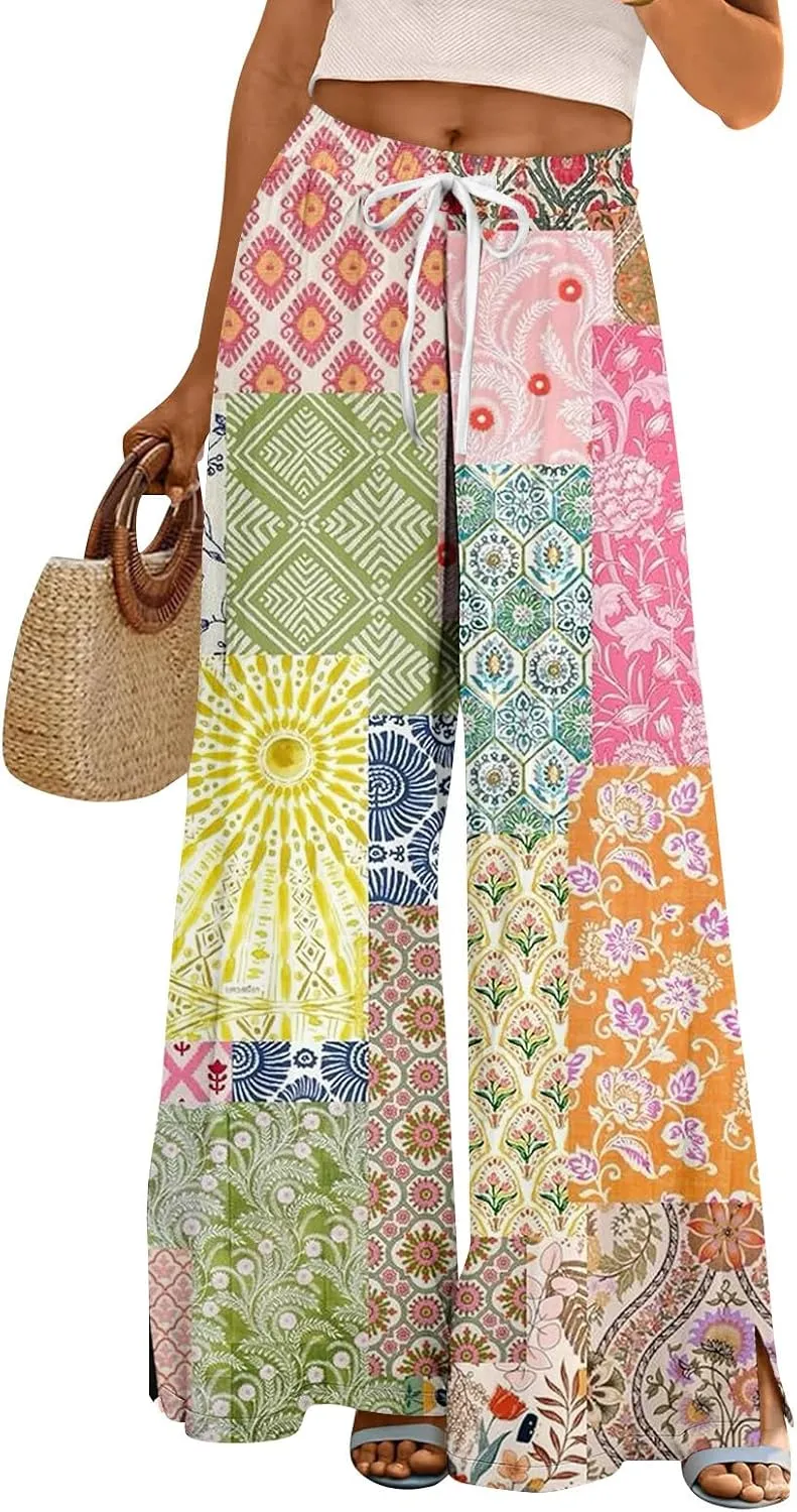 ADHOWBEW Womens Pants Casual Floral Casual 2025 Elastic Waist Baggy Summer Dressy Bottoms