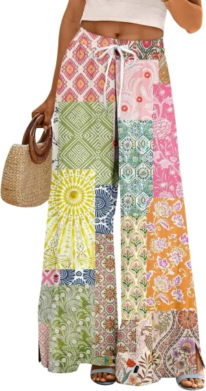 ADHOWBEW Womens Pants Casual Floral Casual 2025 Elastic Waist Baggy Summer Dressy Bottoms