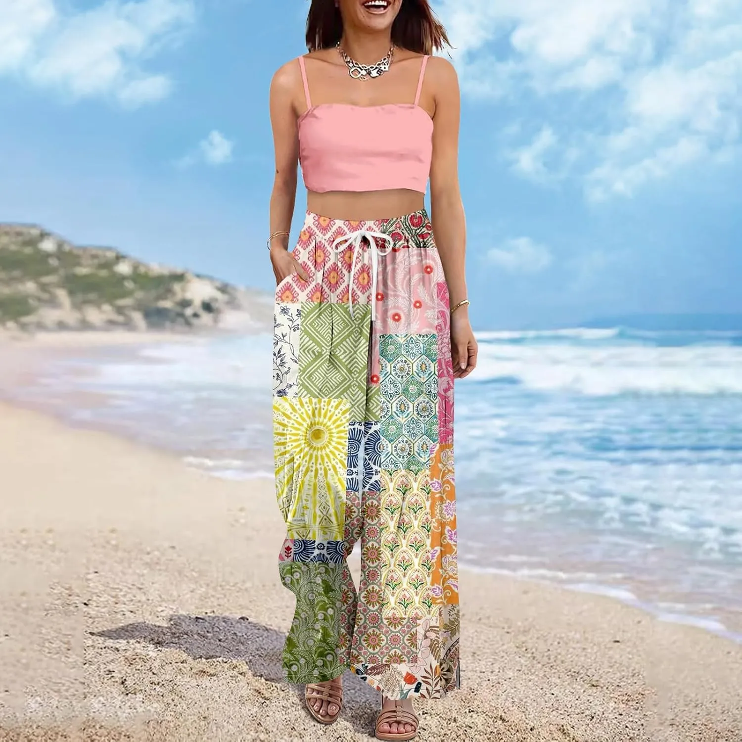 ADHOWBEW Womens Pants Casual Floral Casual 2025 Elastic Waist Baggy Summer Dressy Bottoms