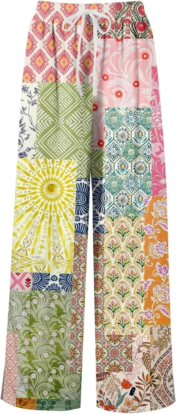 ADHOWBEW Womens Pants Casual Floral Casual 2025 Elastic Waist Baggy Summer Dressy Bottoms