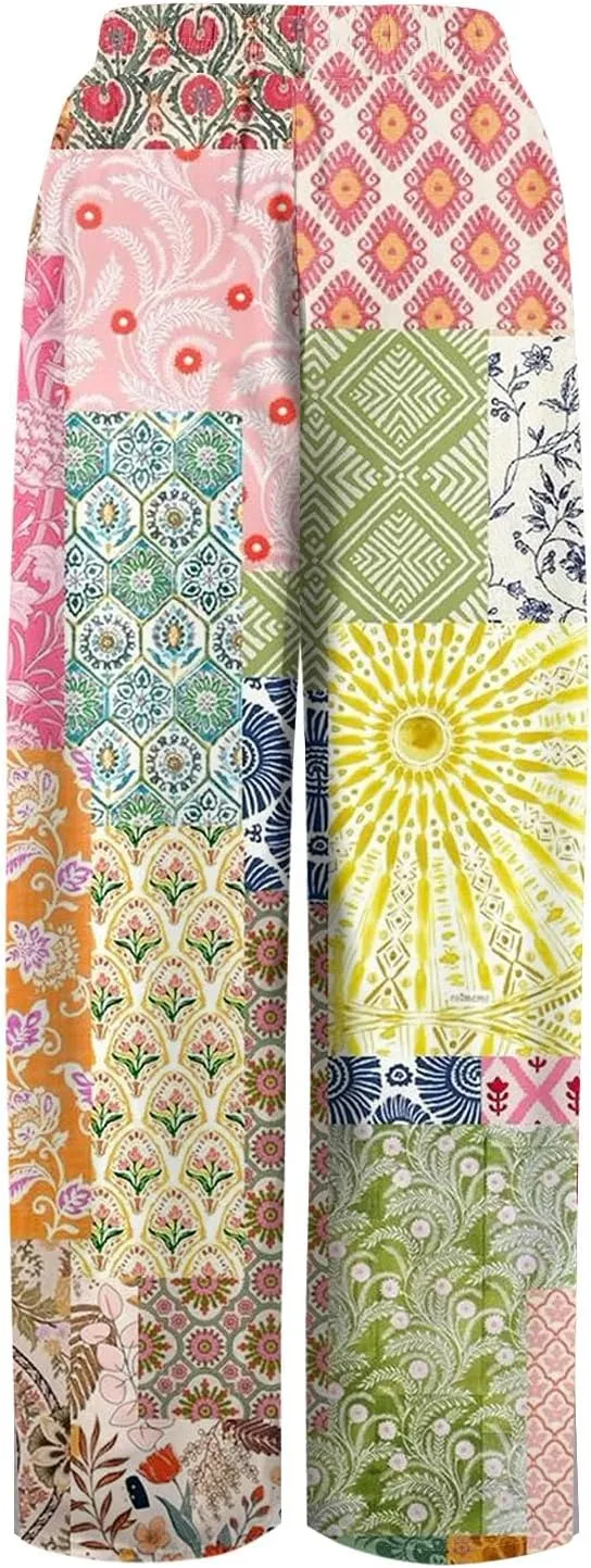 ADHOWBEW Womens Pants Casual Floral Casual 2025 Elastic Waist Baggy Summer Dressy Bottoms