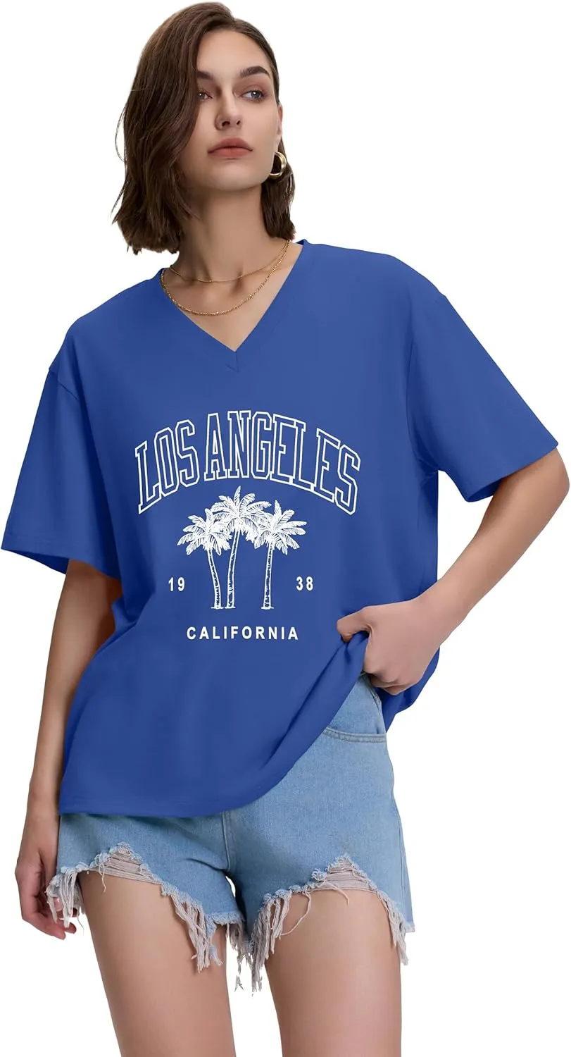 ADOREJOY Oversized Tshirts for Women V Neck Summer Short Sleeve Casual Loose Tunic Tees