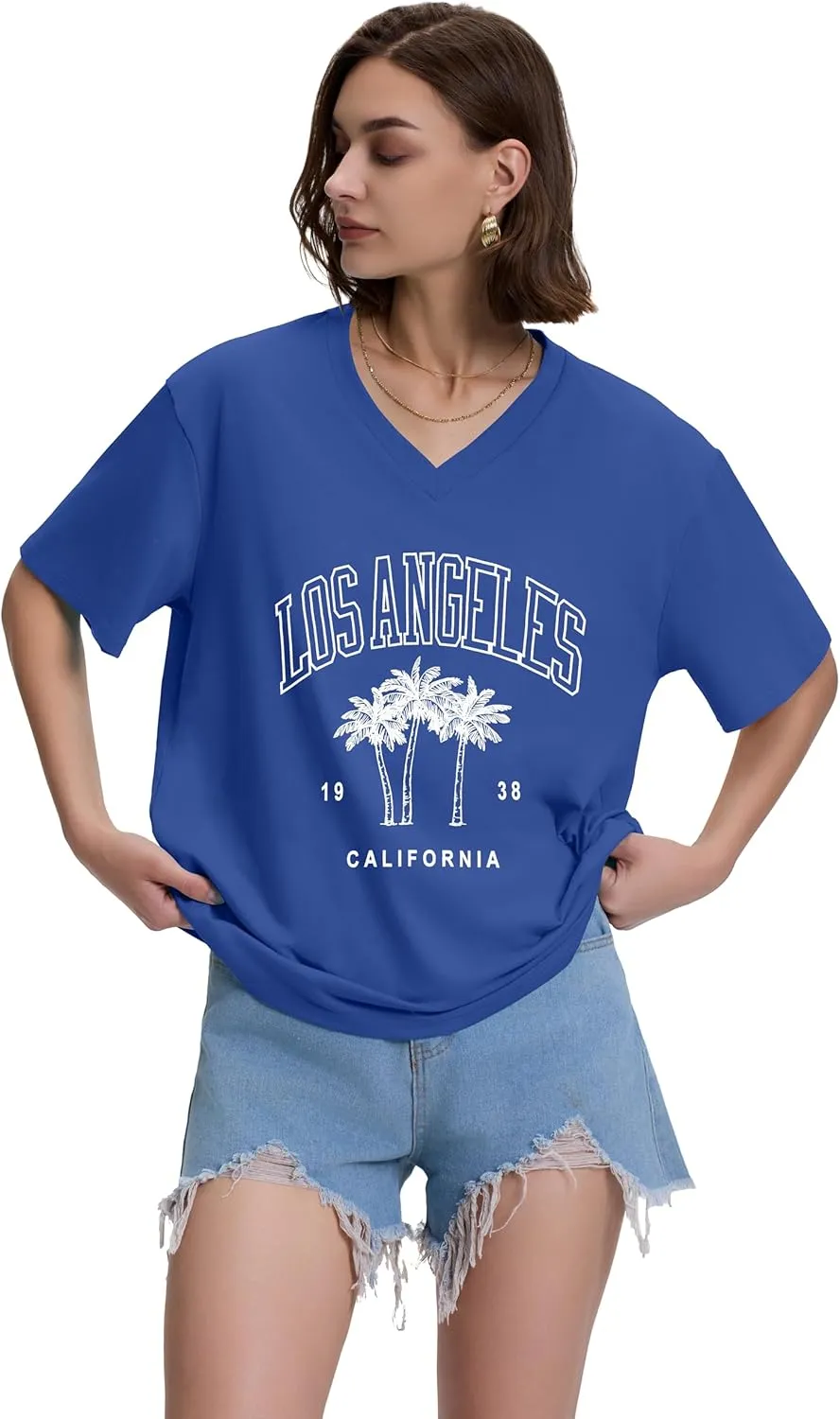 ADOREJOY Oversized Tshirts for Women V Neck Summer Short Sleeve Casual Loose Tunic Tees
