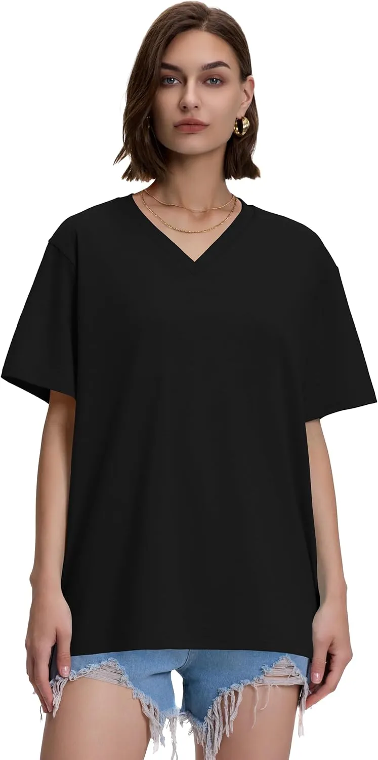 ADOREJOY Oversized Tshirts for Women V Neck Summer Short Sleeve Casual Loose Tunic Tees