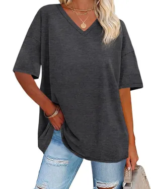 ADOREJOY Oversized Tshirts for Women V Neck Summer Short Sleeve Casual Loose Tunic Tees