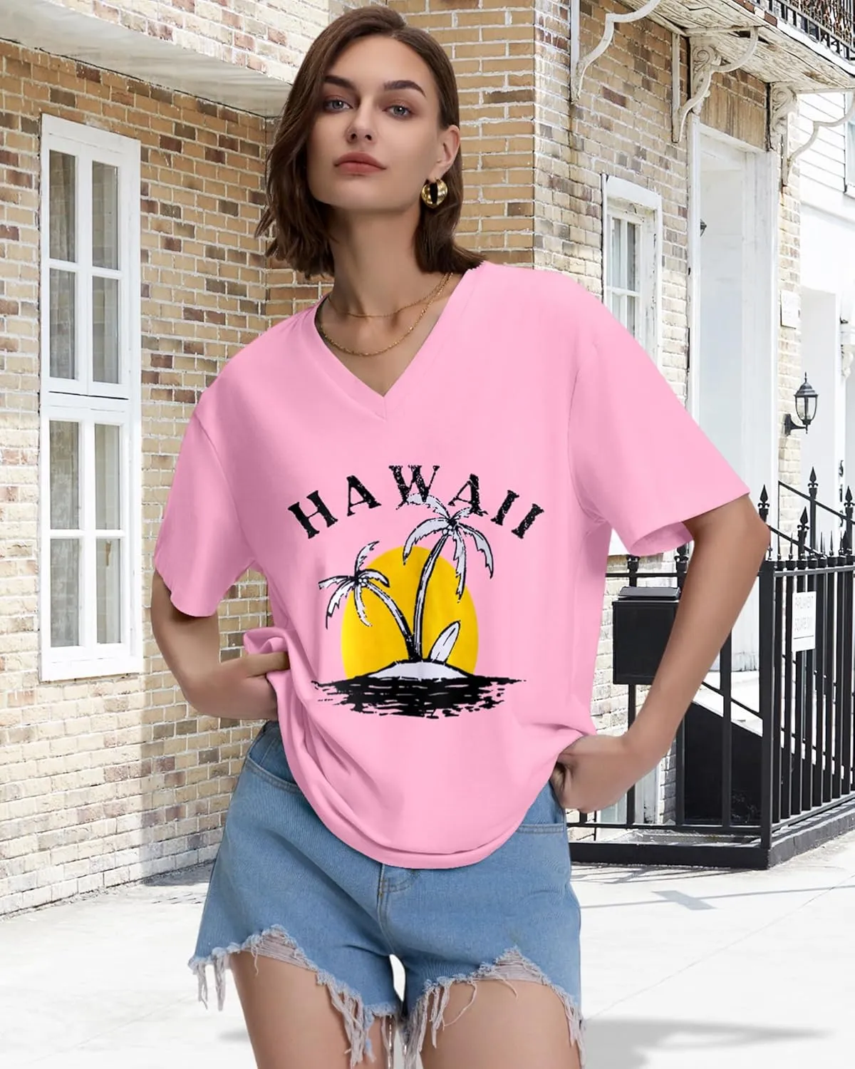 ADOREJOY Oversized Tshirts for Women V Neck Summer Short Sleeve Casual Loose Tunic Tees