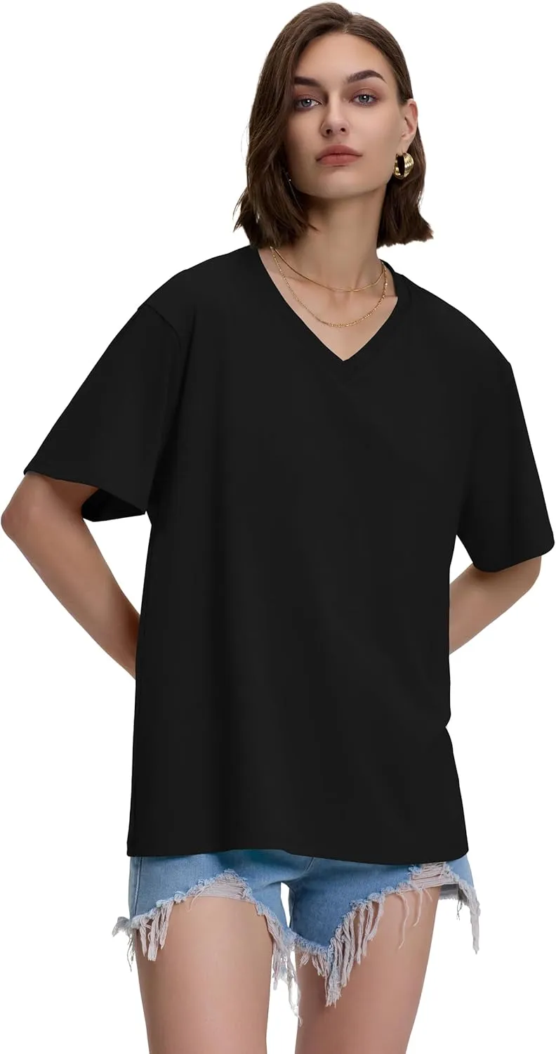 ADOREJOY Oversized Tshirts for Women V Neck Summer Short Sleeve Casual Loose Tunic Tees
