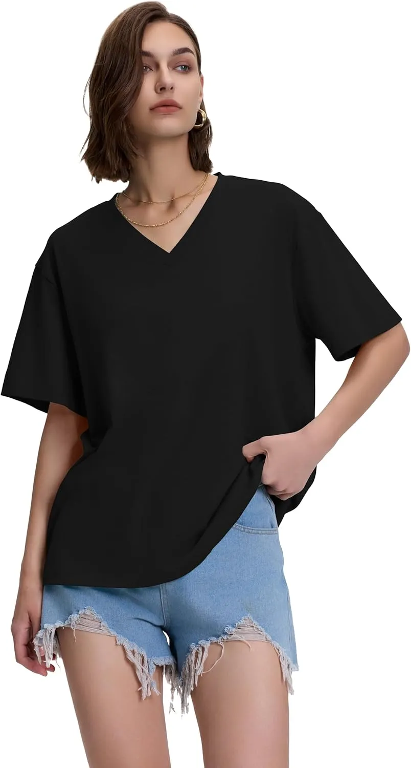 ADOREJOY Oversized Tshirts for Women V Neck Summer Short Sleeve Casual Loose Tunic Tees