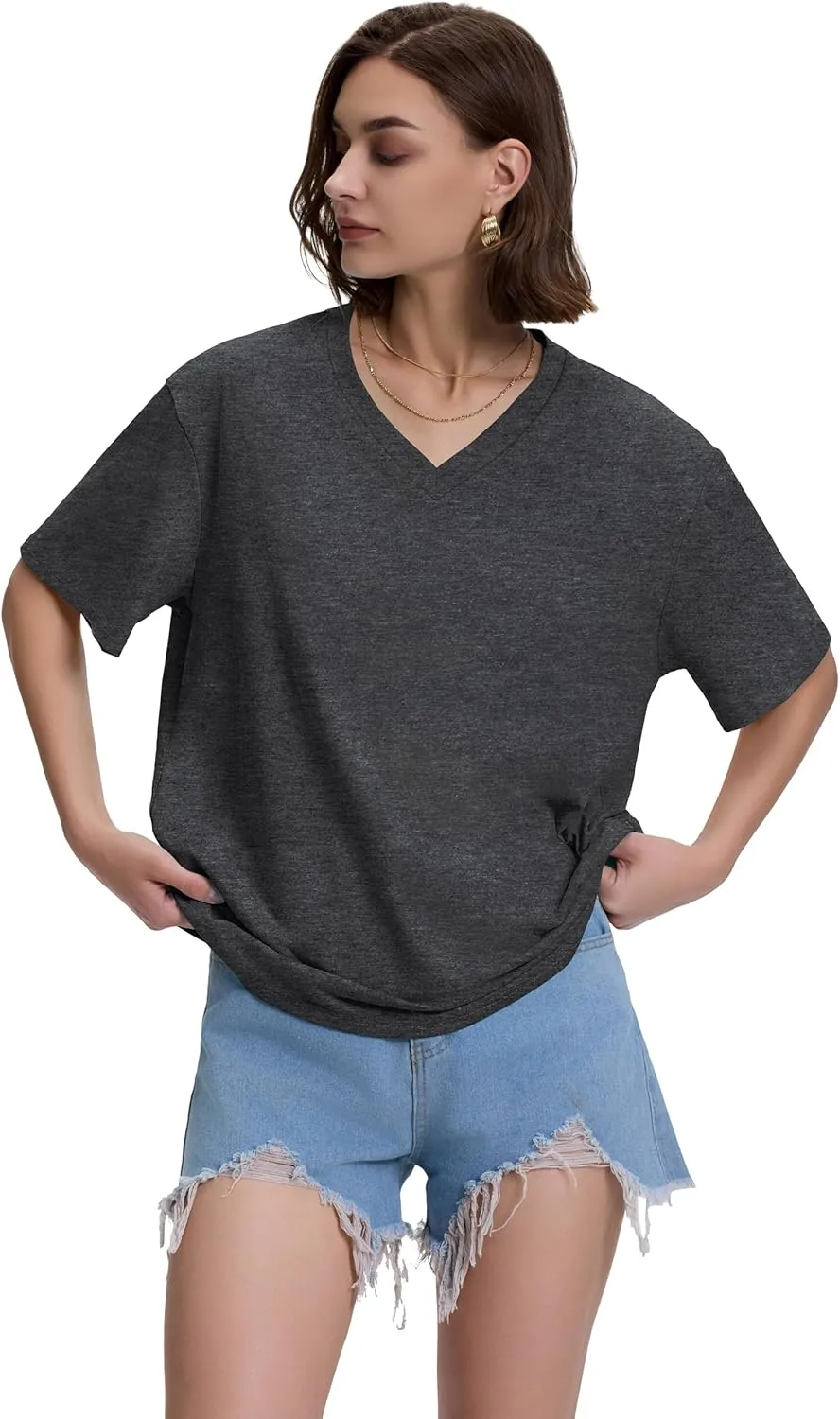 ADOREJOY Oversized Tshirts for Women V Neck Summer Short Sleeve Casual Loose Tunic Tees