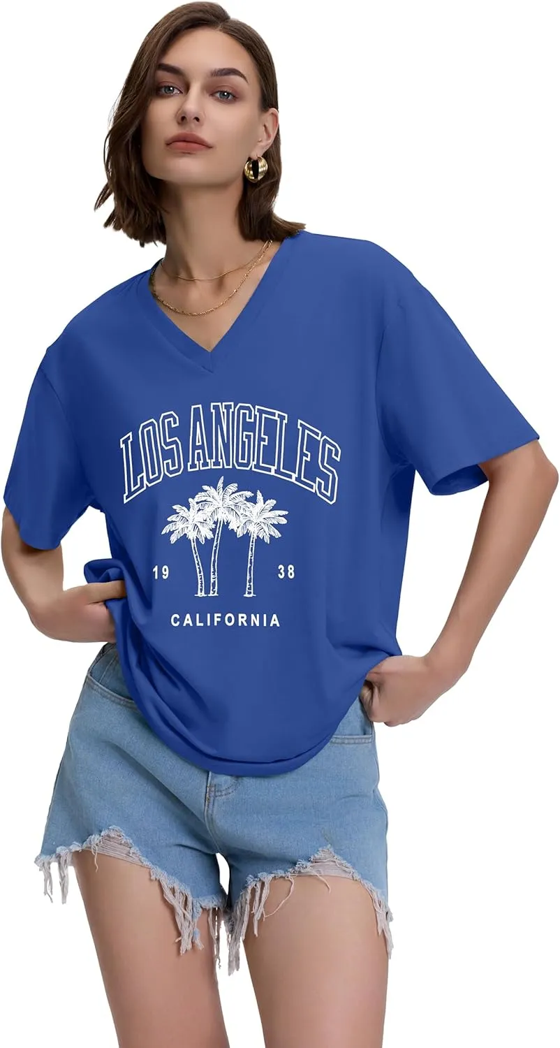 ADOREJOY Oversized Tshirts for Women V Neck Summer Short Sleeve Casual Loose Tunic Tees
